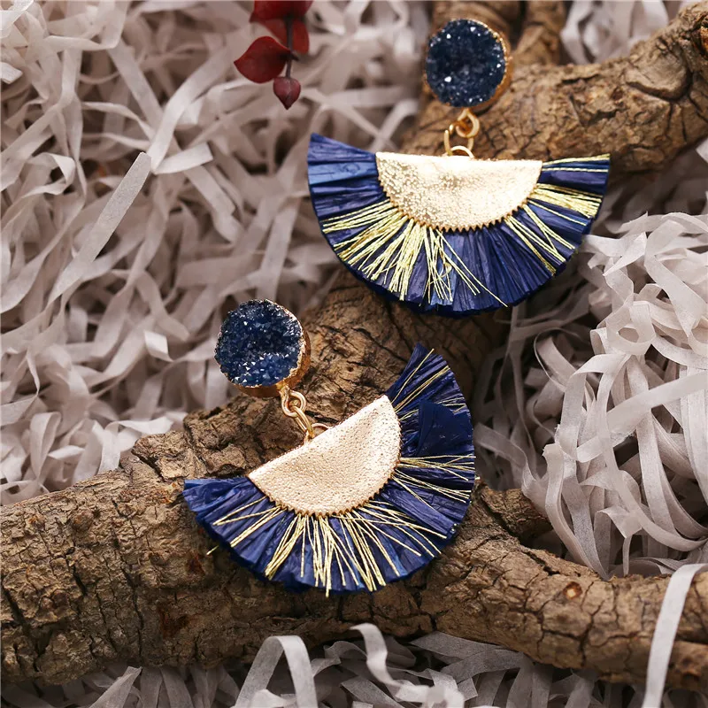 17 км богемные серьги Druzy Raffia для женщин полукруглый этнический эффектный кварц кисточка висячие серьги женские ювелирные изделия Новинка