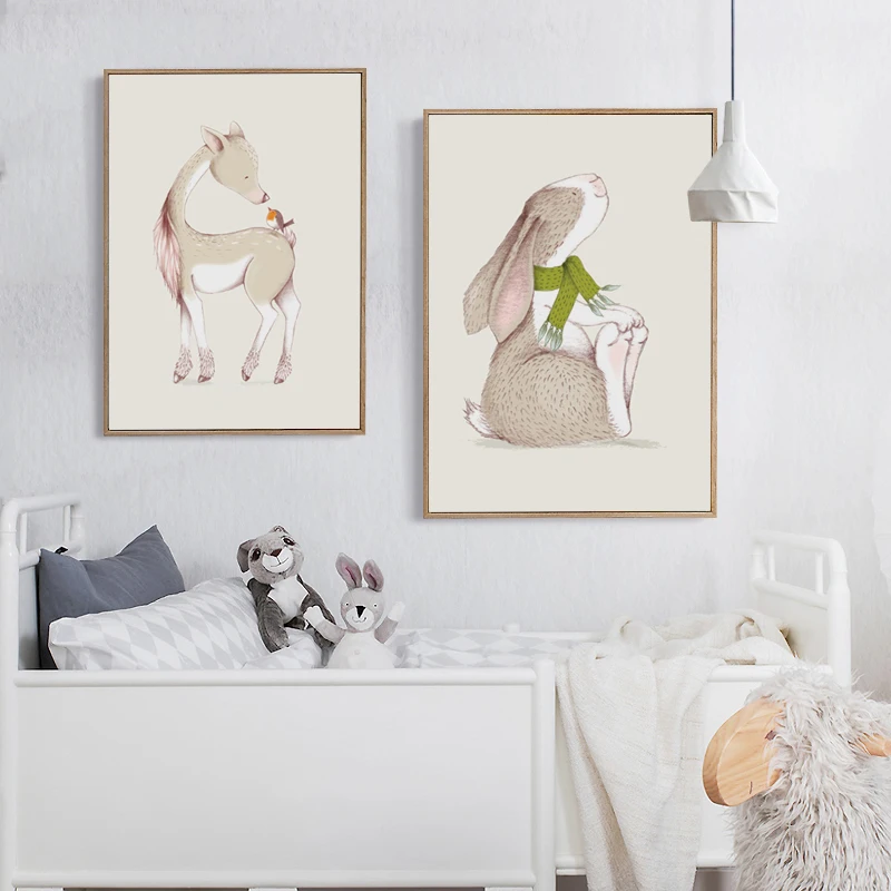 Nordic Minimalist Cute Hand-painted Watercolor Cartoon Animal Deer Rabbit Canvas Art Print Poster Picture wall Decoration | Дом и сад