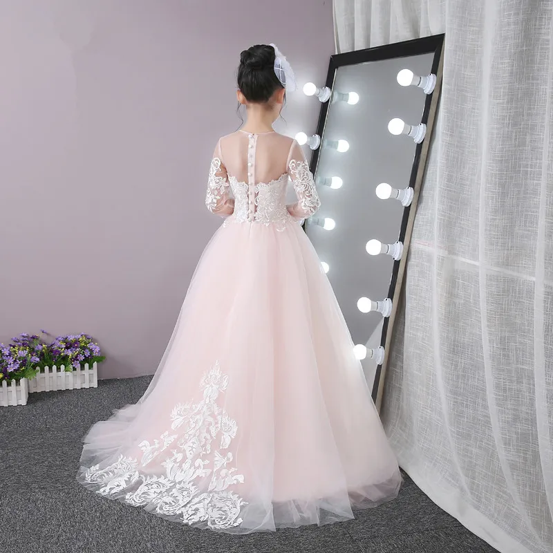 Высококачественное розовое платье для девочек с цветочным узором и шлейфом