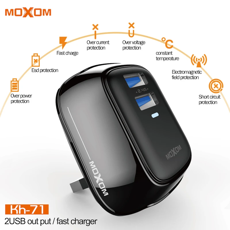 MOXOM USB Charger UK Plug 2.4A Double Travel Wall Adapter Smart Mobile Phone For iPhone Samsung Xiaomi | Мобильные телефоны и