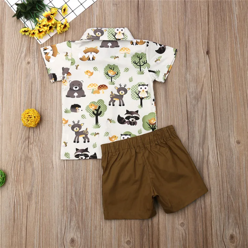 1-5Y Formal Kids Baby Boy Gentlemen Clothes 2Pcs Suits Animals Print Lapel T-shirt Tops+Button Shorts Child Cotton Outfits |