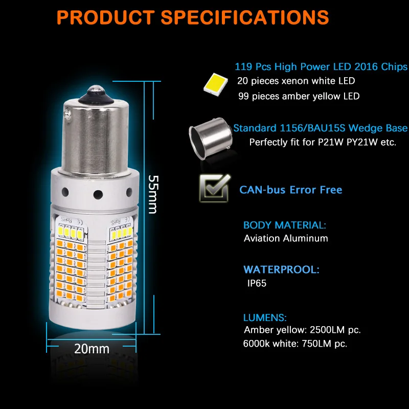 IJDM No Hyper Flash 21 Вт PY21W светодиодный Canbus BAU15S 7507 Белый/янтарный фонарь для дневных