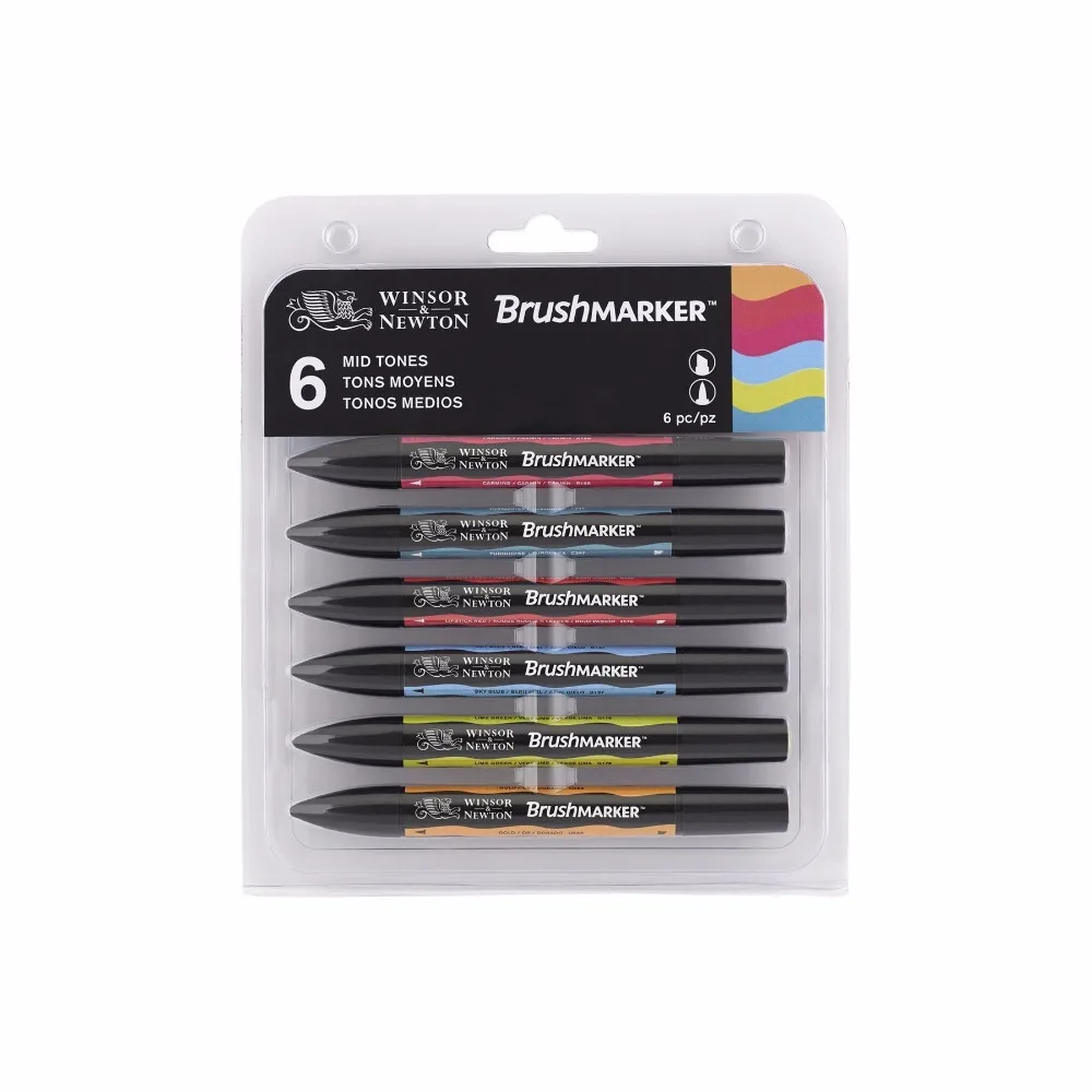 Winsor &amp Newton Brushmarker комплект 6 цветов 12 Цветов мягкой щеткой маркеры Twin Tip Mid