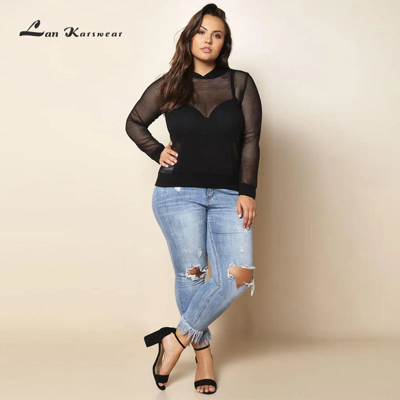 Lan Karswear 2018 Autumn Pullover Hoody Sexy Hollow Out Mesh Sweatshirts Women Hooded Casual Long Sleeve Black Short Crop Tops | Женская