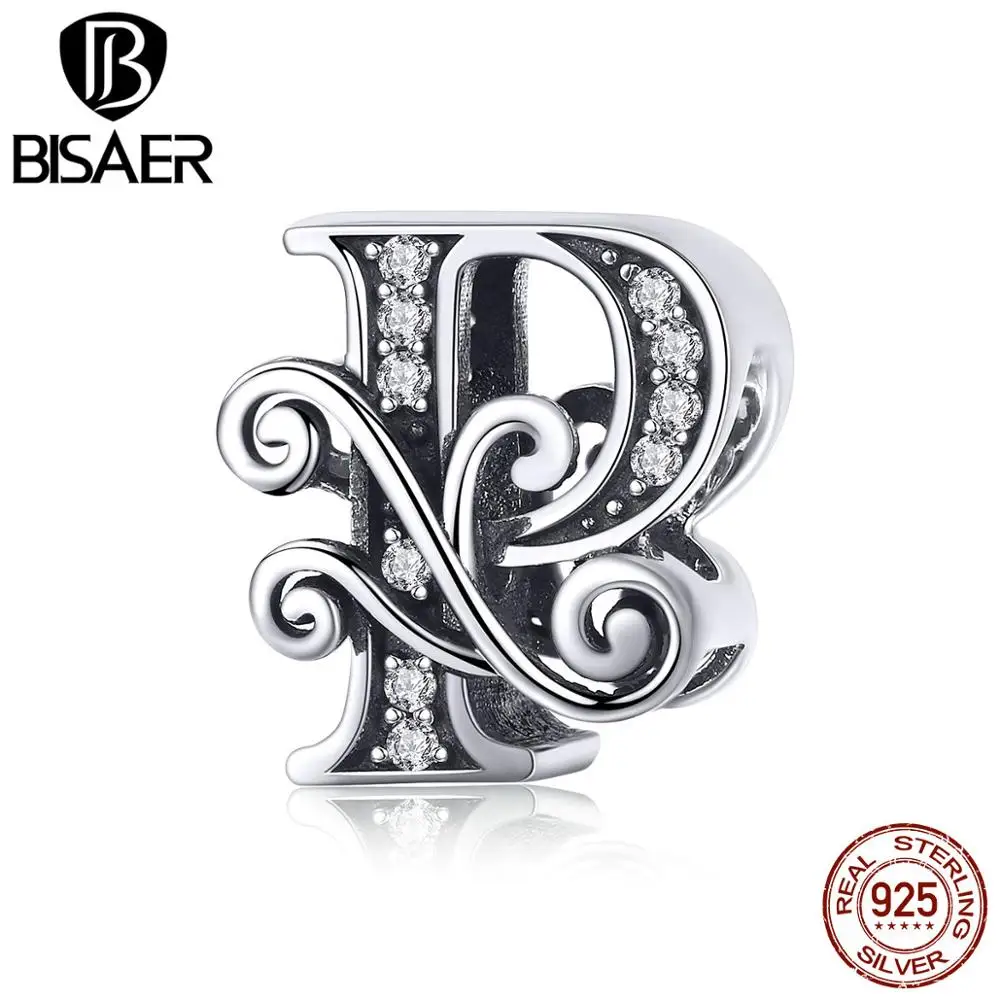 Бусины BISAER для браслета, подлинные 925 пробы, серебро, циркон, алфавит от A до Z, для женщин, изготовление ювелирных изделий, именные подарки GAC030 - Цвет: GAC030-P