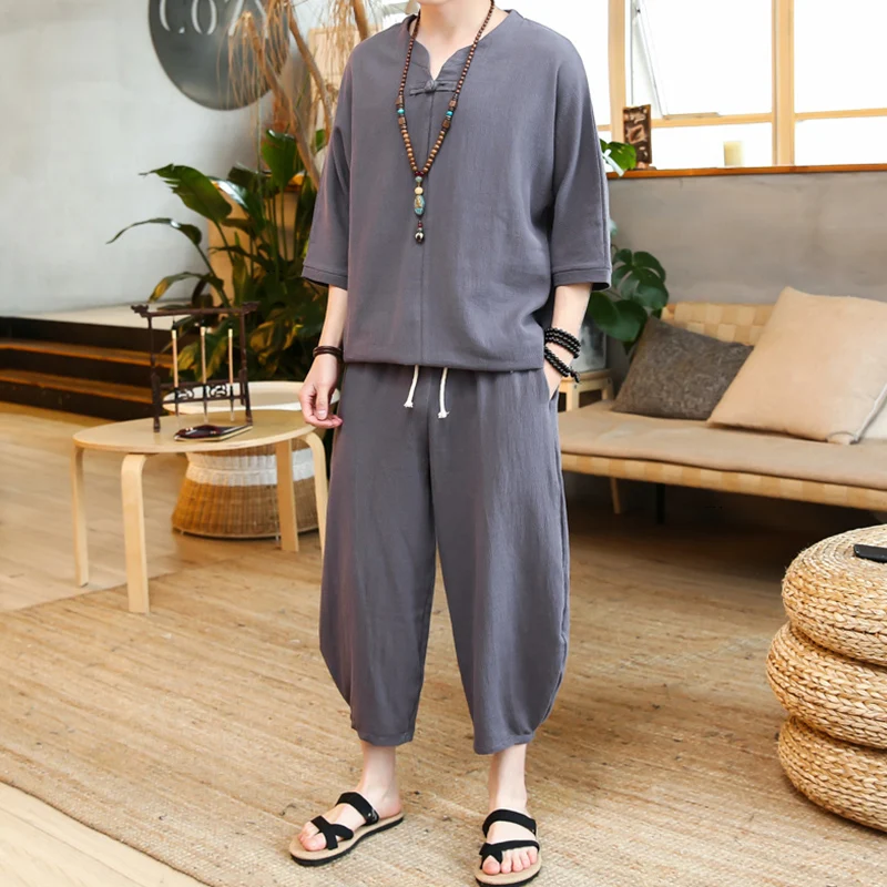 Новый китайский стиль Тан костюм льняной комплект Ретро этнический короткий