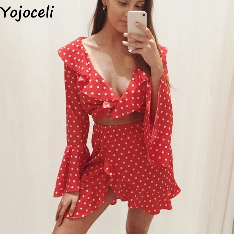 Женская блузка в горошек Yojoceli Весенняя с рюшами и открытыми плечами клетку