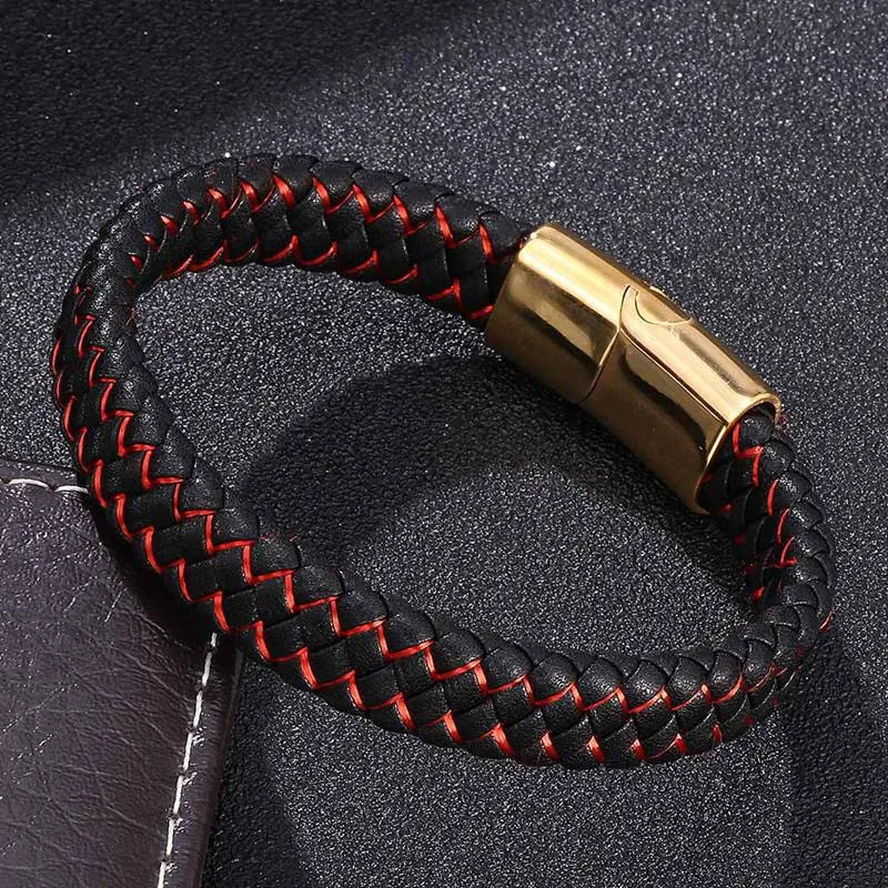 Hot Punk Jewelry Braided Leather Bracelet Gold Color Stainless Steel Magnetic Buckle Male Bangles Gifts BB0222 | Украшения и