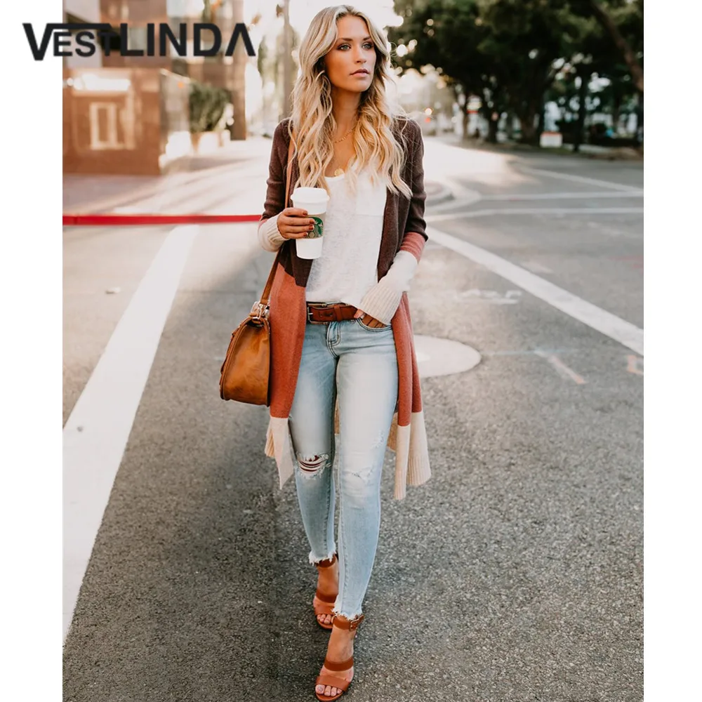Long Cardigan Women Collarless Sleeve Color Block Loose Open Stitch Mujer Casual Fall Fashion 2018 Female |