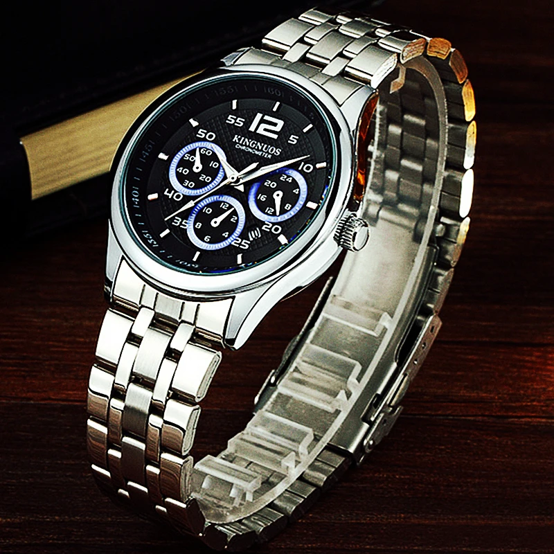 Мужские наручные часы KINGNUOS Кварцевые водонепроницаемые из нержавеющей стали с