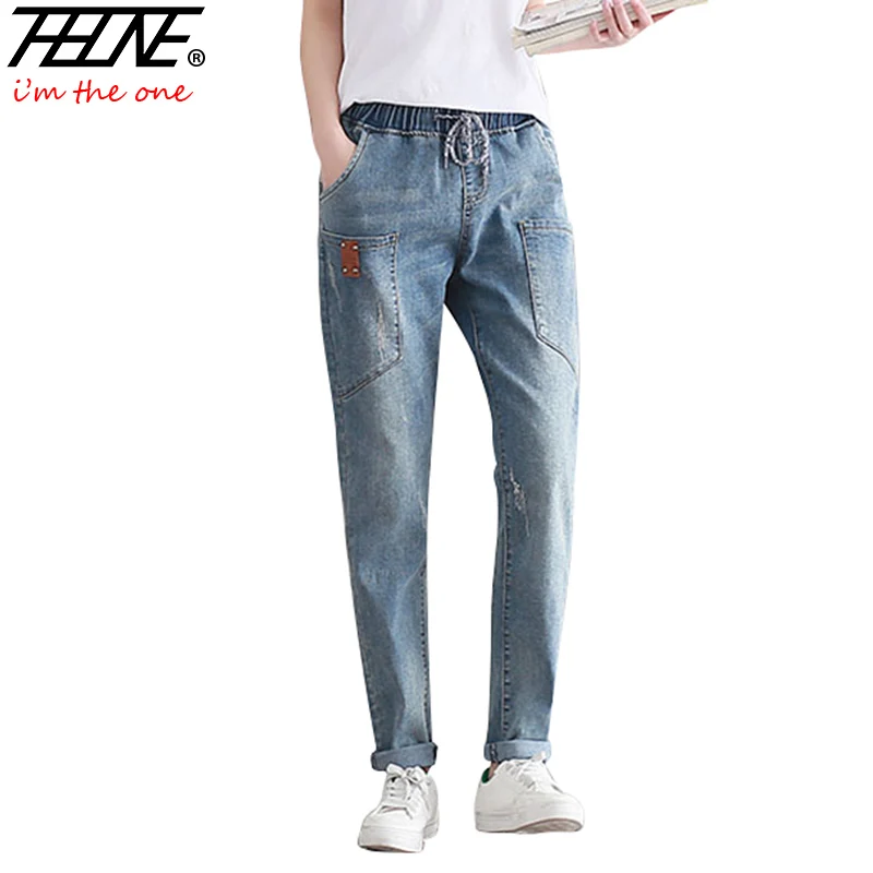 

THHONE Quality Jeans Women Harem Pants Elastic Waist Stretch Trousers Long Plus Size Fashion Washed Denim Jeans Pants Women