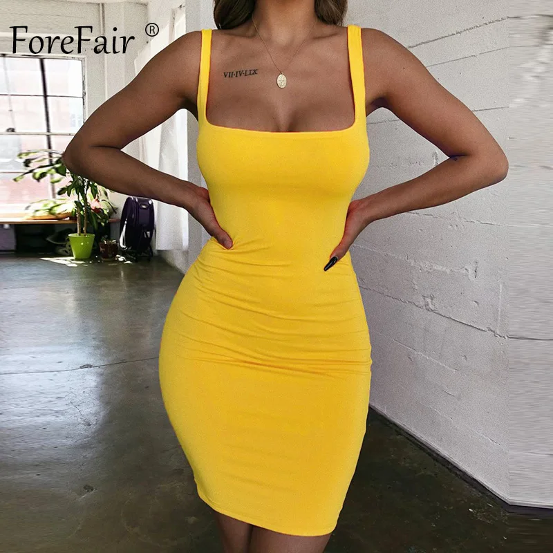 Yellow Dress Forefair, сексуальное облегающее платье на бретельках, летнее, желтое, неоновое, зеленое, черное, оранжевое, элегантное, без рукавов, Мини Короткое платье для женщин - Цвет: Yellow Dress