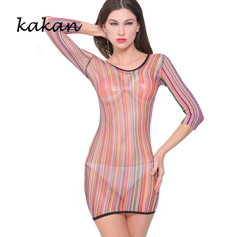 

Kakan club party sexy nightclub dress high stretch tights hip hollow mesh transparent color sexy mesh round neck dress