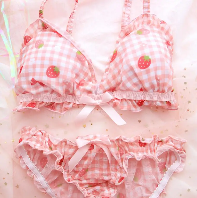 Strawberry Chequered Girl Sleep Bra Mesh Pink Sweet Underwear Suit for Students