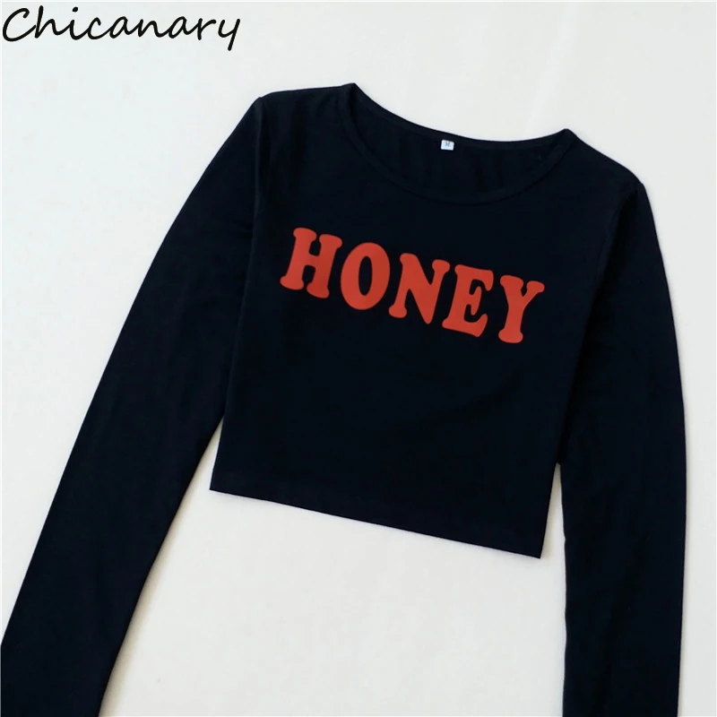 Chicanary 2018 HONEY Crop Top Femme Long Sleeve Tshirt Women Shirt Tops Casual Harajuku Cropped Tumblr White Black | Женская одежда