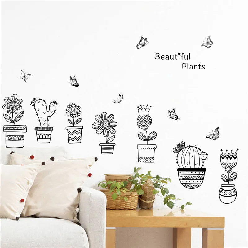Растения цветок горшок бабочка настенные наклейки домашний Декор adesivo de parede