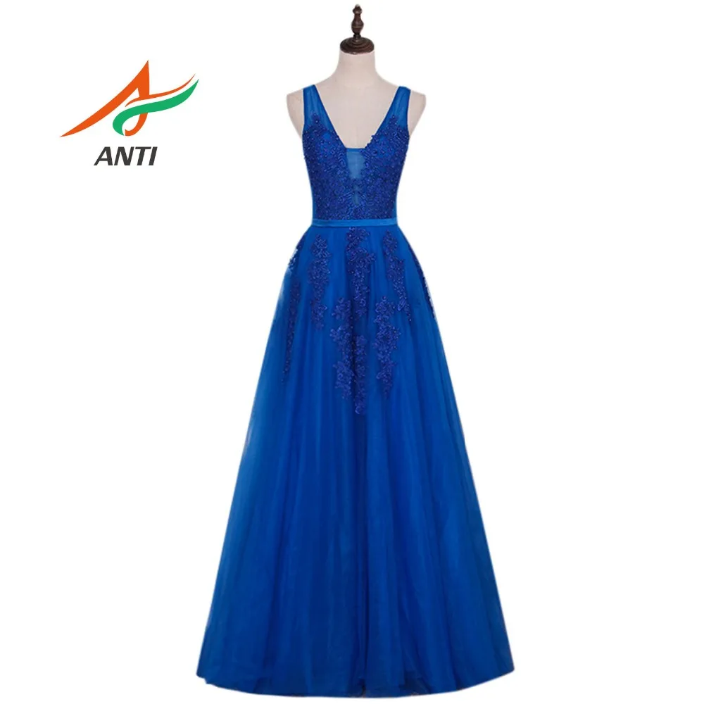 

ANTI lace Beaded Embroidery Sexy Tulle Perspective Light Luxury A-shape Slim Simple Royal Blue Noble V-neck Halter Evening Gown