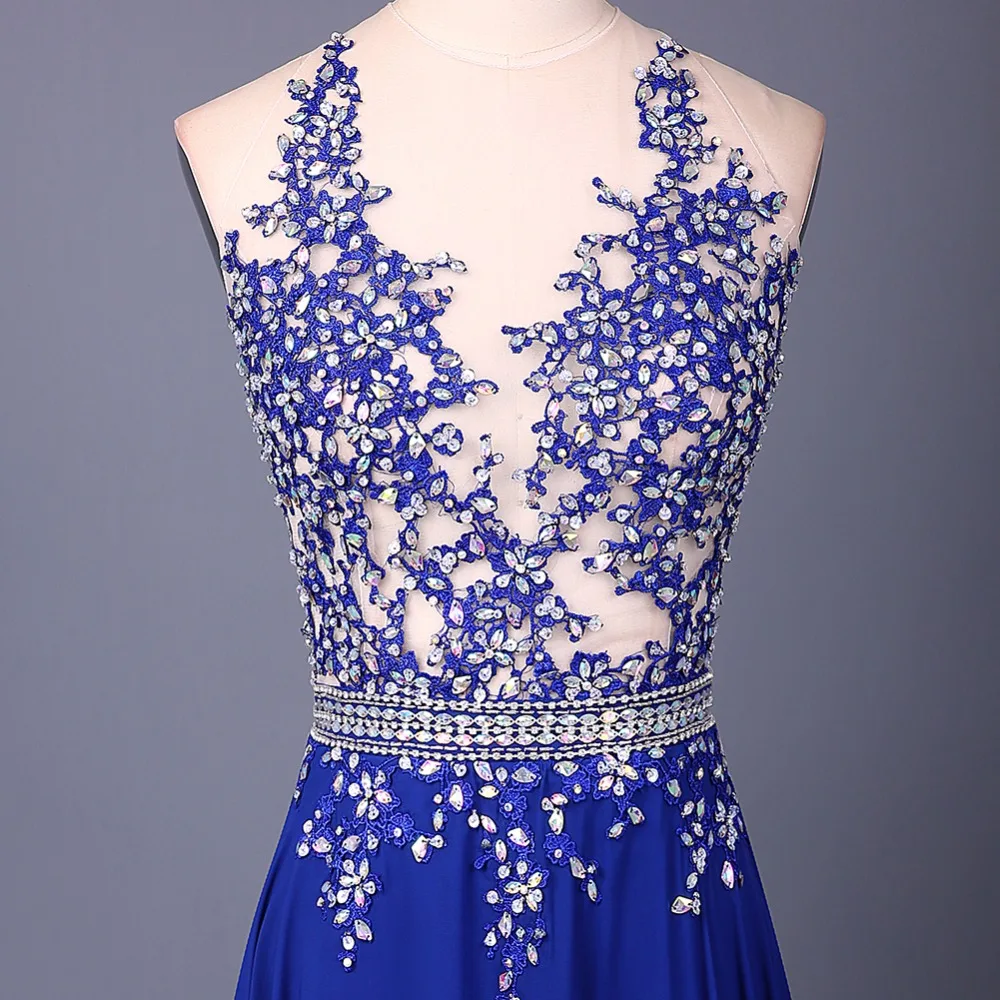 Сексуальные ярко синий шифон совок шеи Длинные вечерние платья 2017 аппликации