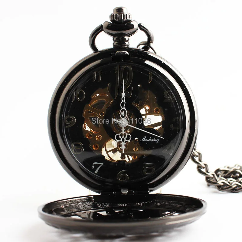 Лидер продаж винтажные черные открытые Механические карманные часы высокого