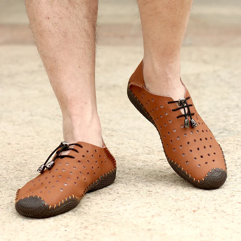 Summer Breathable Hole Shoes Mens Casual Genuine Leather Slip On Brand Fashion Man Soft Comfortable Zapatos | Обувь