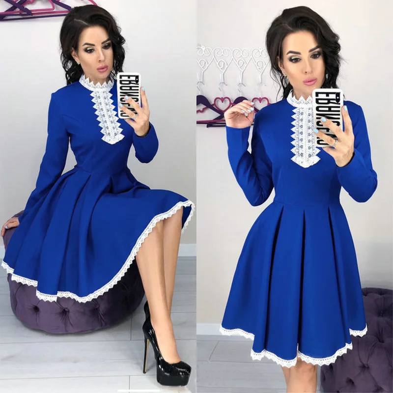 

Women Vintage Lace Patchwork A-line Party Dress Long Sleeve O Neck Solid Dress 2019 Spring New Fashion Chic Women Dress