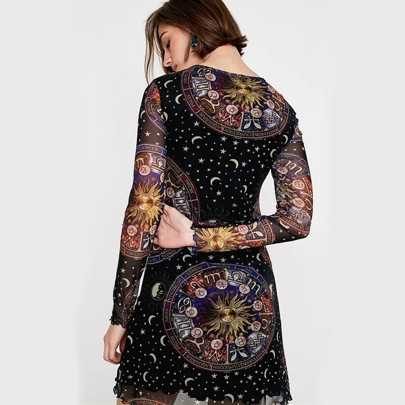 Звезда Луна принт черный уличная летнее платье женское элегантное с круглым