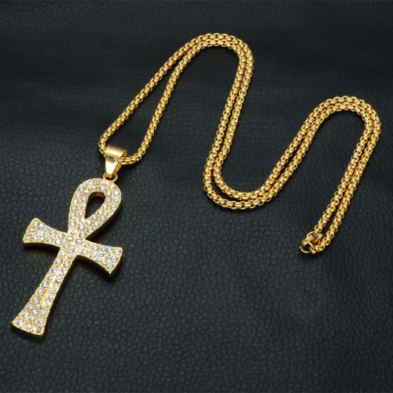 Мужское ожерелье с кристаллами Ankh позолоченное из нержавеющей стали Египетский