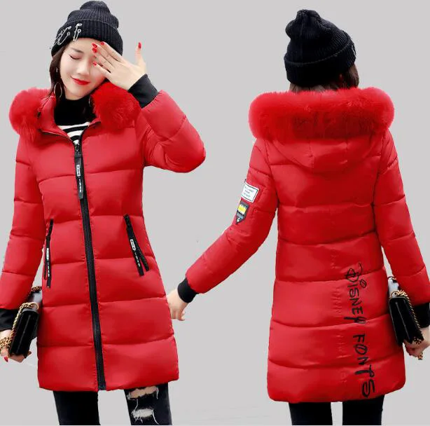 red winter coat Новинка, женский зимний пуховик, Большие меховые женские зимние пальто с капюшоном, парка с хлопковой подкладкой и буквенным принтом, jaqueta feminina inverno A898 - Цвет: red winter coat