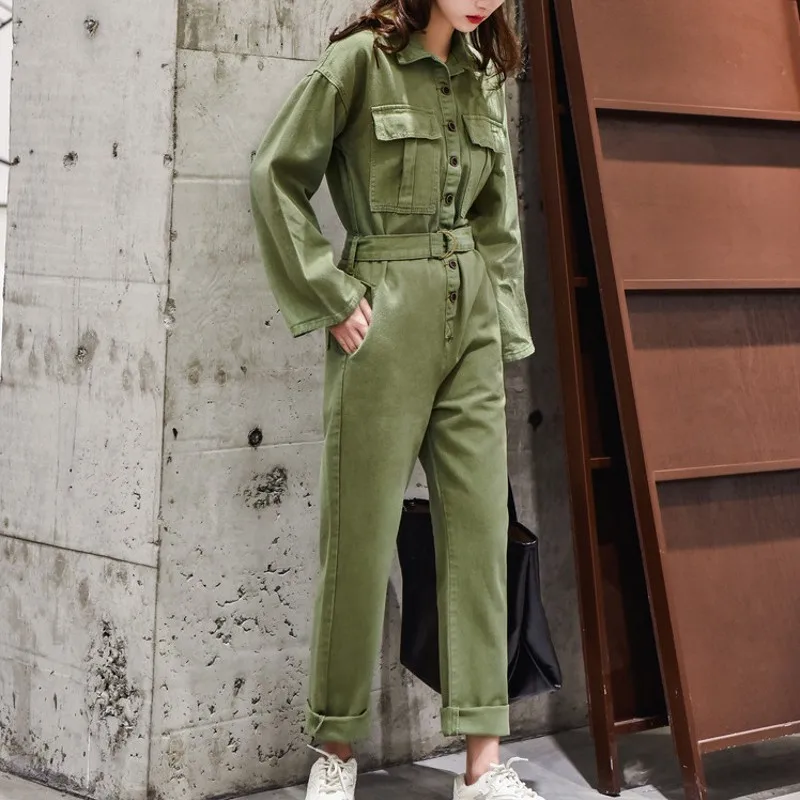 Модный повседневный свободный джинсовый комбинезон с длинным рукавом Женский