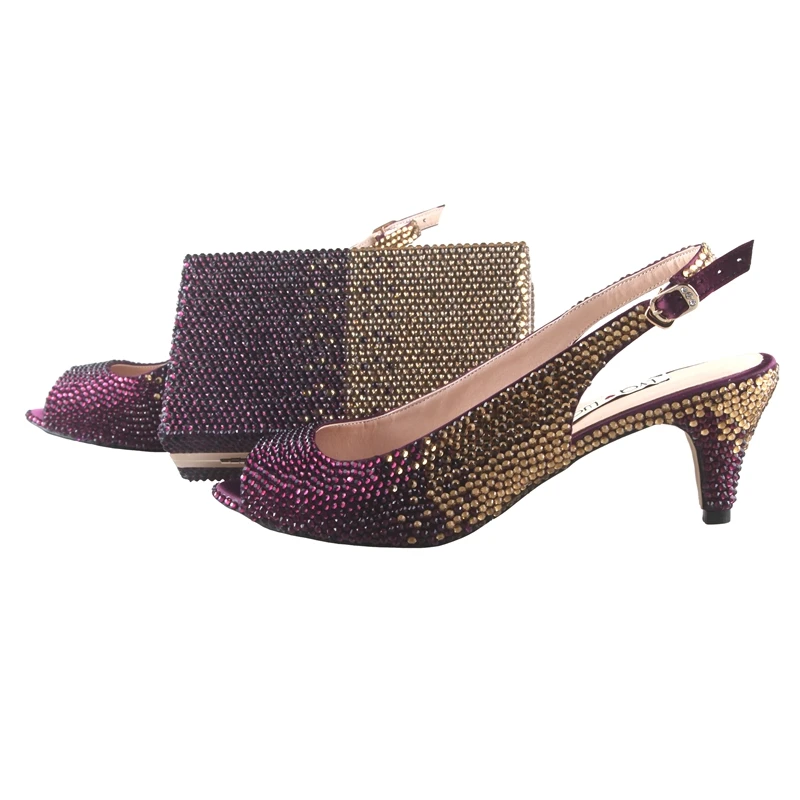 BS013 ручной работы персиковый хрусталь итальянский комплект из туфель и сумочки