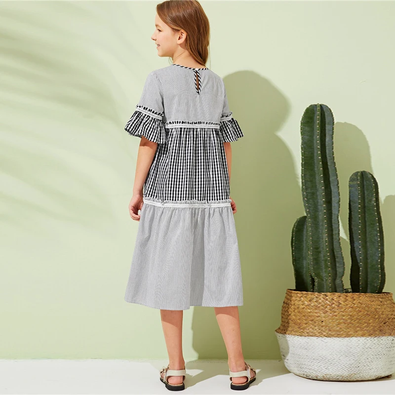 SHEIN Kiddie/Платье-туника в мелкую клетку и полоску для девочек г., Летние Повседневные платья-миди с оборками, рукав-Волан