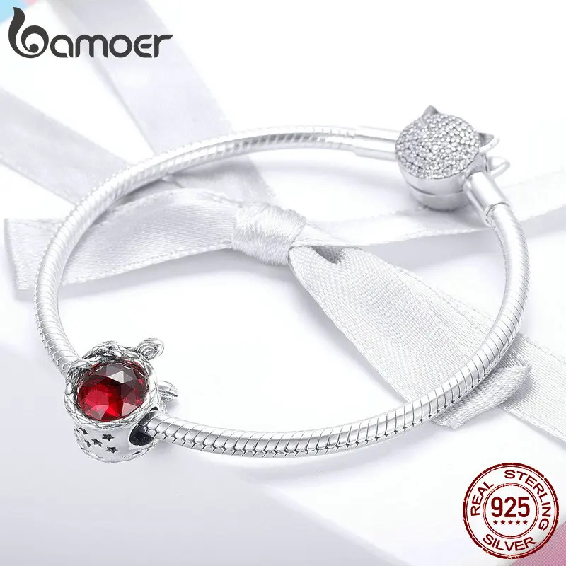 BAMOER, подлинный 925 пробы, Серебряный цветок розы, Красный кубический циркон, бусины, шарм, подходят для браслетов, браслеты, сделай сам, изготовление ювелирных изделий SCC910