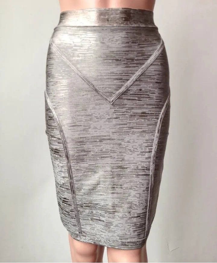 Элегантный серебряный Принт масло зеленое золото bodycon Тонкий металлический эластичный повязная юбка женская мода сексуальное платье-карандаш для вечеринки юбки