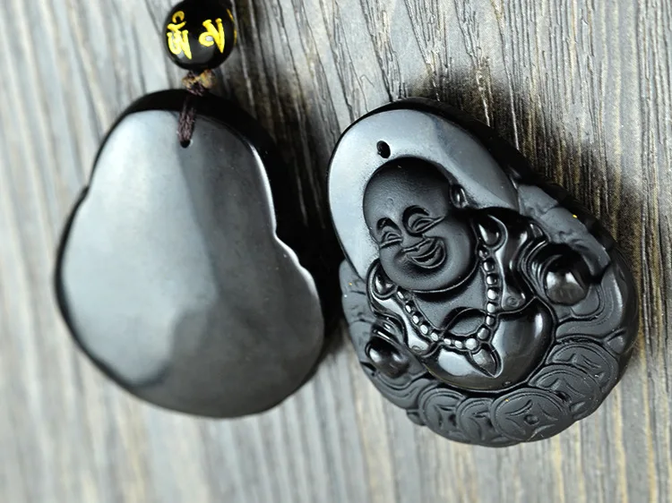 

40x35mm Natural Obsidian necklace Fashion Black Stone laughing Buddha pendant For women &men Vintage Stone jewelry ornaments