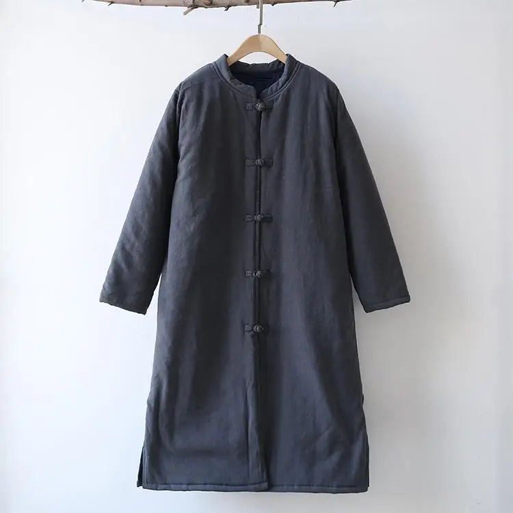 2018 women Winter long outwear chinese style vintage Coat thicken stand collar plate button cotton-padded jackets linen overcoat | Женская