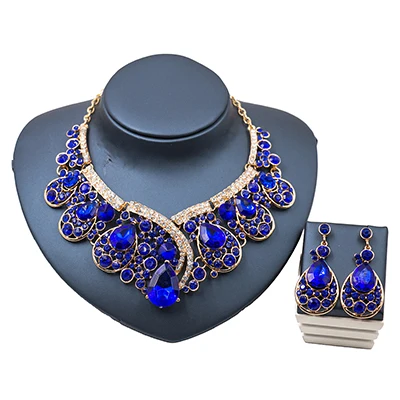 royal blue LAN Дворец День Святого Валентина Модный свадебный кристалл ювелирный набор обручальное ожерелье и серьги бижутерия - Окраска металла: royal blue