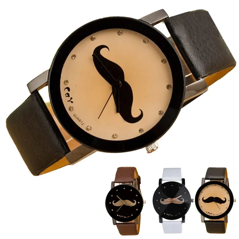 Новые мужские часы с милыми усами женские повседневные кристаллами кожаные