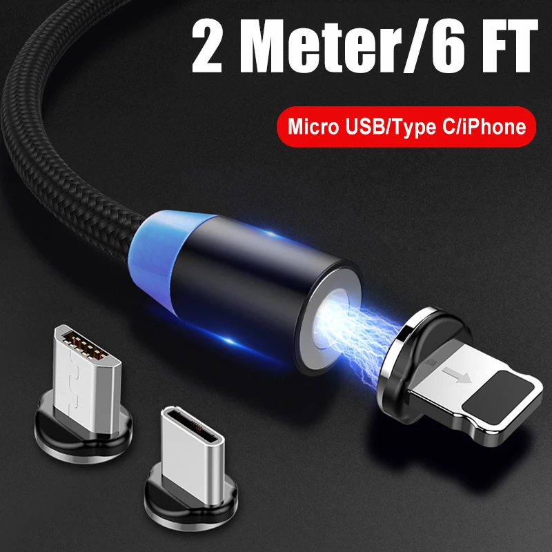 2 метра 6 футов длинное магнитное зарядное устройство для iPhone Магнитный кабель Micro usb type-C кабель для быстрой зарядки для samsung huawei Hornor Xiaomi