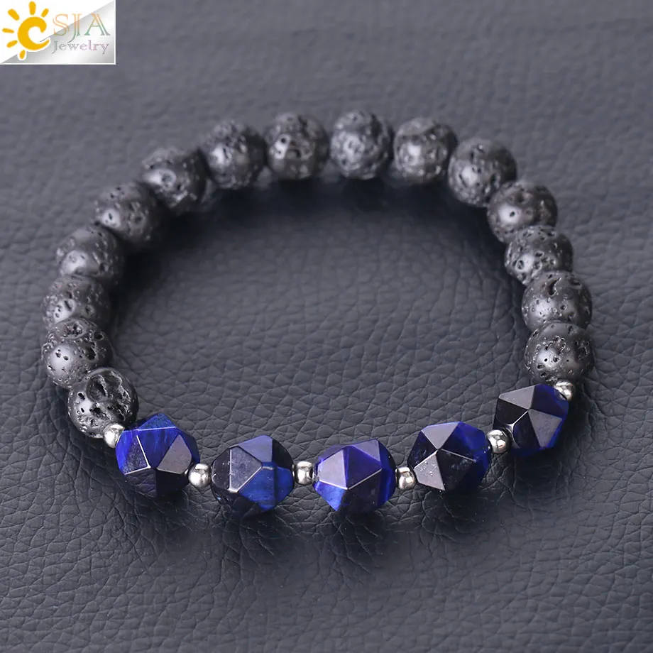 CSJA желтый синий золотой цвет тигровый глаз и Лава рок браслет граненые бусины из