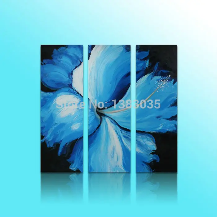 

Hand Painted Abstract Blue Flower Painting 3 Panel Modern Canvas Wall Art Set Oil Picture Decor Home