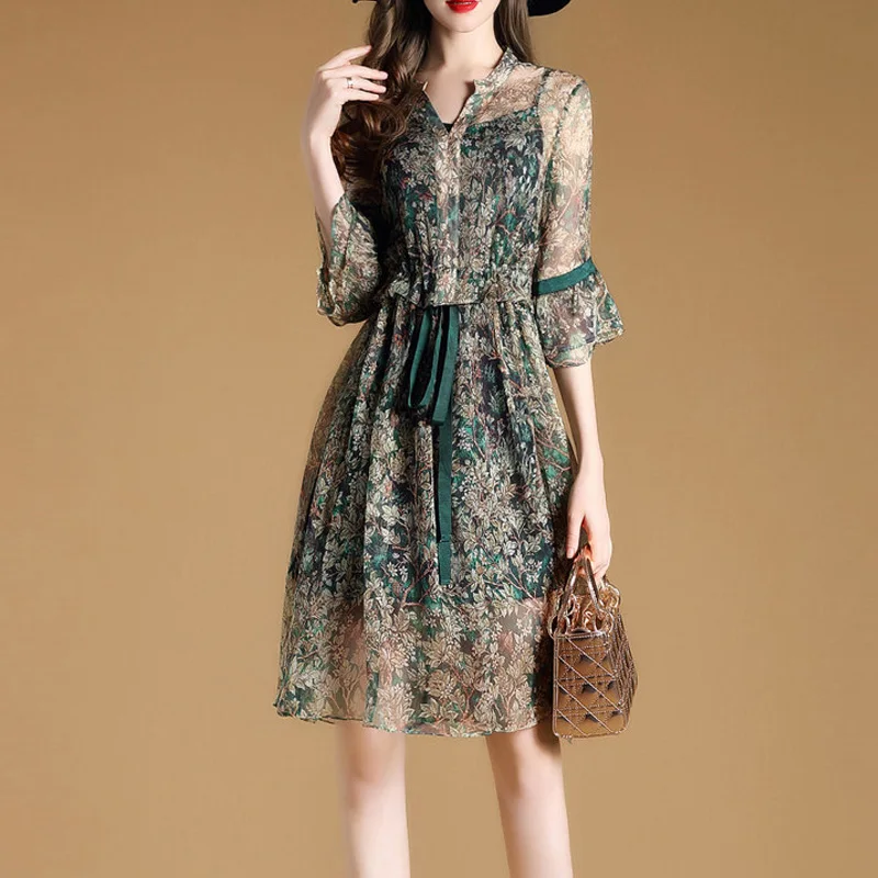 Летнее шелковое свободное платье 2019 женское двойка с имитацией рисунка летнее