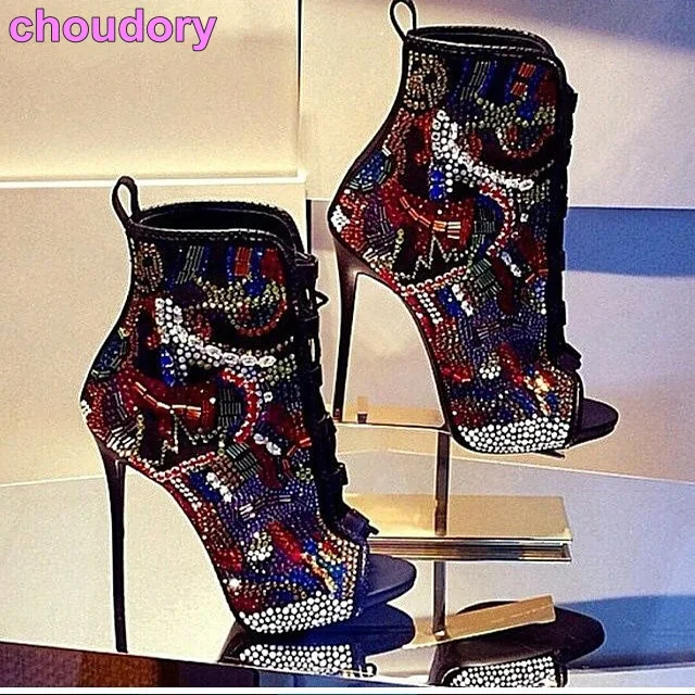 Хит продаж Женские разноцветные сапоги Цвет украшенные кристаллами ботильоны на