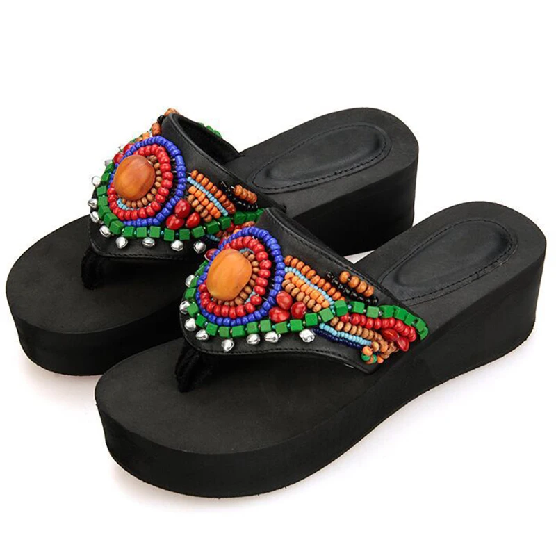 Богемные женские летние шлепанцы на платформе в национальном стиле со шнурками и