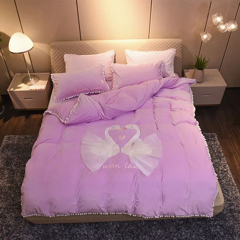 

4Pieces Purple Pink Thick Fleece Warm Bed set Girls Princess Cute Bedding sets Queen size Duvet cover Bed sheet set 38