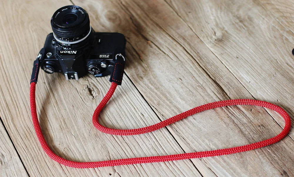 COOL pure red climbing rope 8mm black leather handmade Camera neck shoulder strap &amp Windmup |