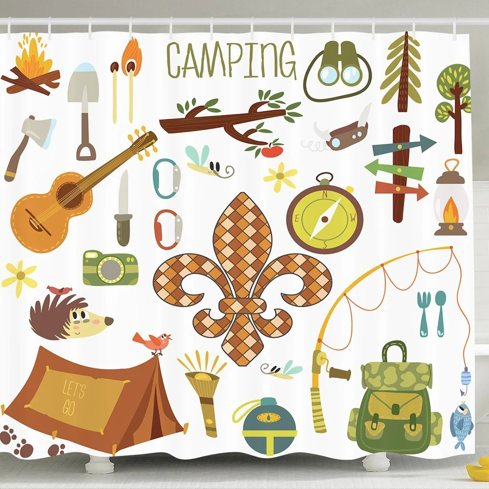 Занавеска для душа Походное оборудование мальчик Скаут костра символ рыболовная