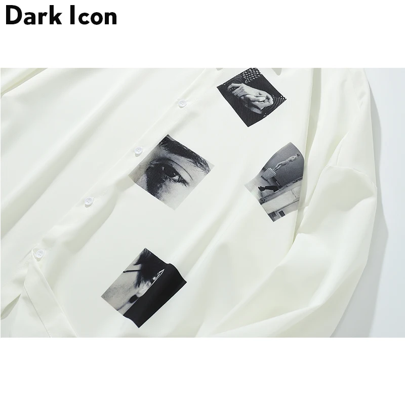 Dark Icon Printed Oversized Shirt Men 2019 Summer Turn-down Collar Men's Shirts Three Quarter Sleeve Shirts for Men