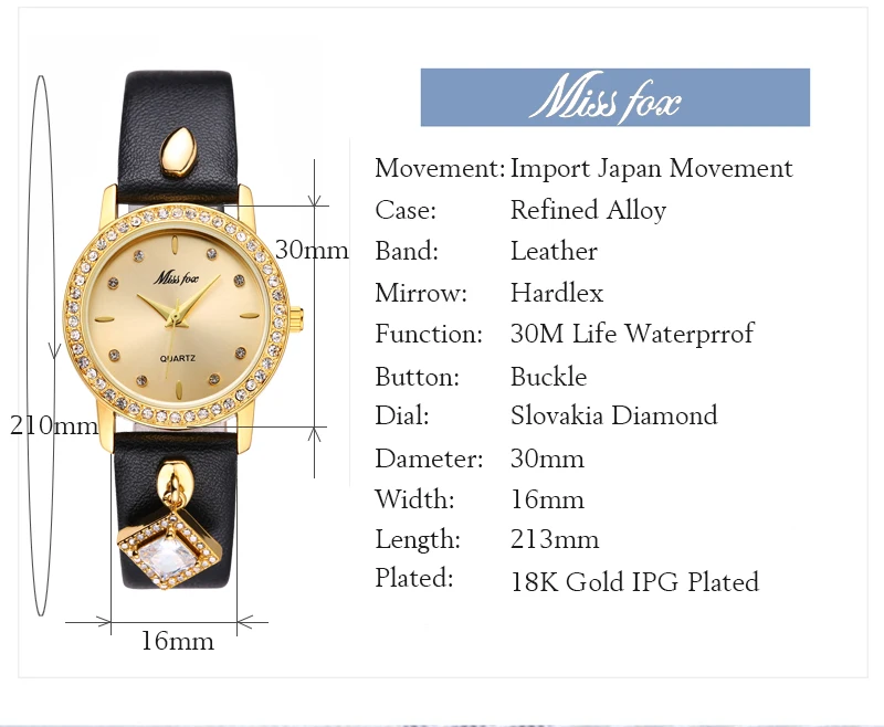 Montre Femme Missfox зеленые женские золотые часы Изысканный Женская кожаная обувь часы Водонепроницаемый квадратный драгоценный кулон часы xfcs часов
