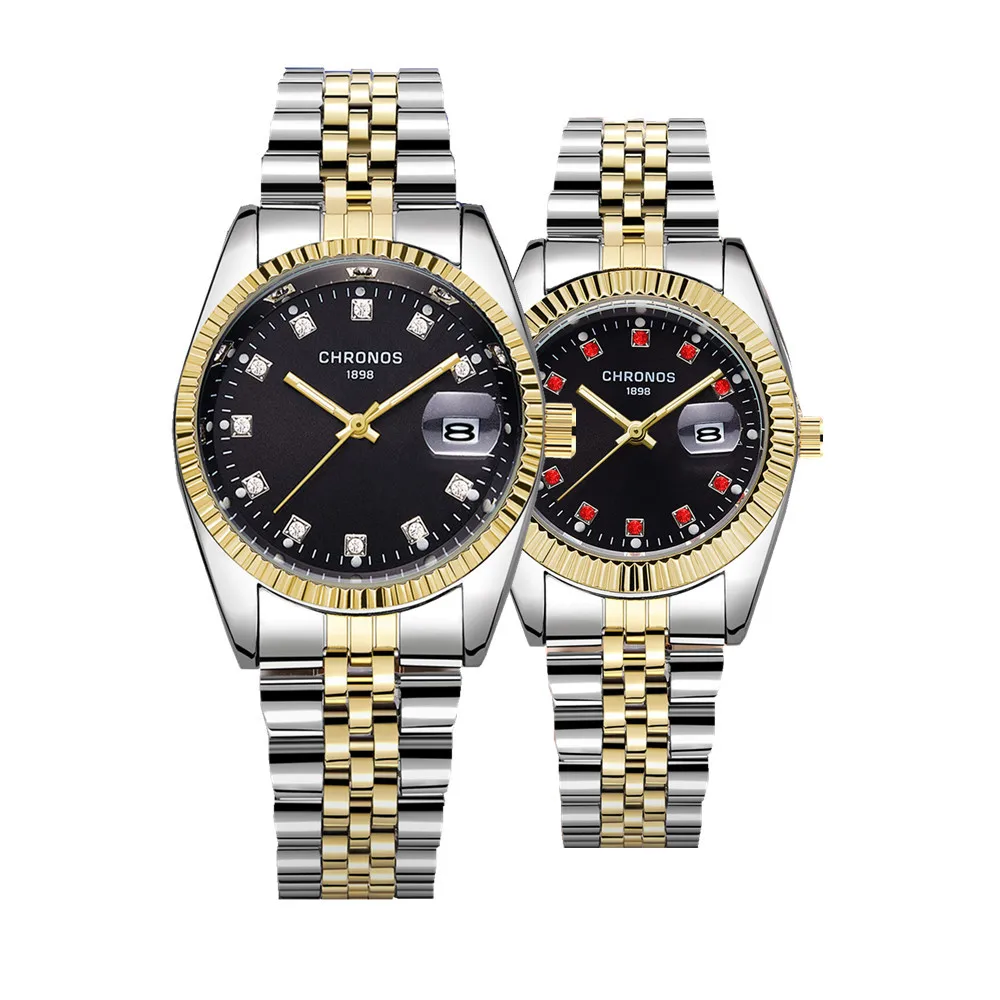 Роскошные золотые часы CHRONOS женские мужские для влюбленных нержавеющая сталь