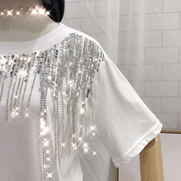 Корейская женская футболка с блестками и кисточками,, harajuku, летняя футболка, топы, женская хлопковая футболка, женская футболка, плюс размер, футболка